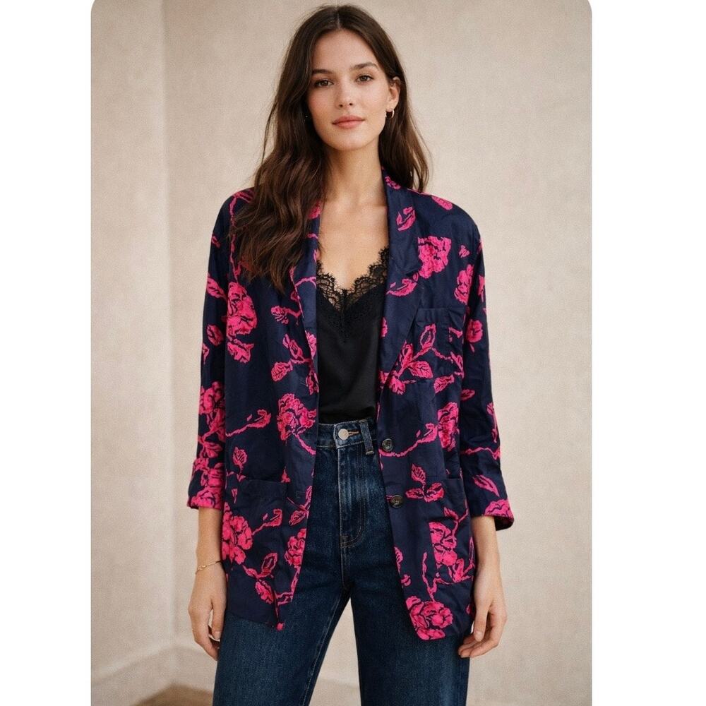 Vintage 90s Carol Little Silk Floral Oversized Blazer Shoulder Pads L
